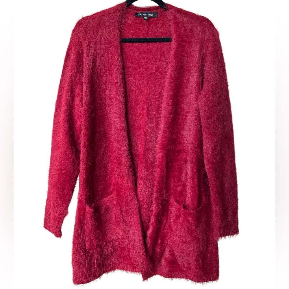 Colleen Lopez Vibrant Red Fuzzy Cardigan Sweater L